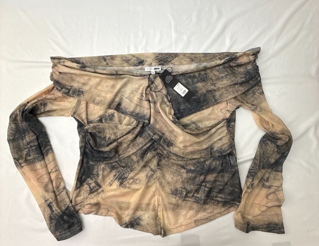 Fashion Nova Josey Mesh Off Shoulder Top, Taupe/Combo, Size 3X 1