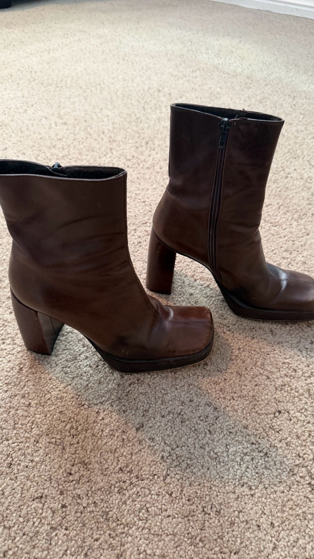 Vintage Square Toe Platform Ankle Boots in Chocolate Brown Leather 2