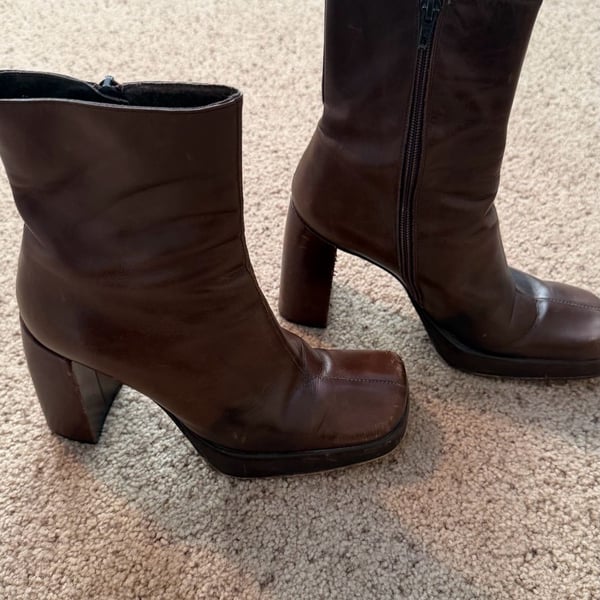 Vintage Square Toe Platform Ankle Boots in Chocolate Brown Leather