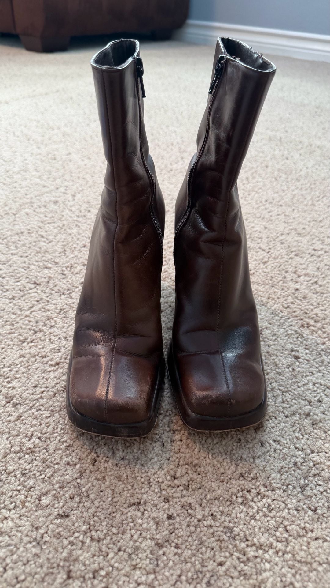 Vintage Square Toe Platform Ankle Boots in Chocolate Brown Leather 3