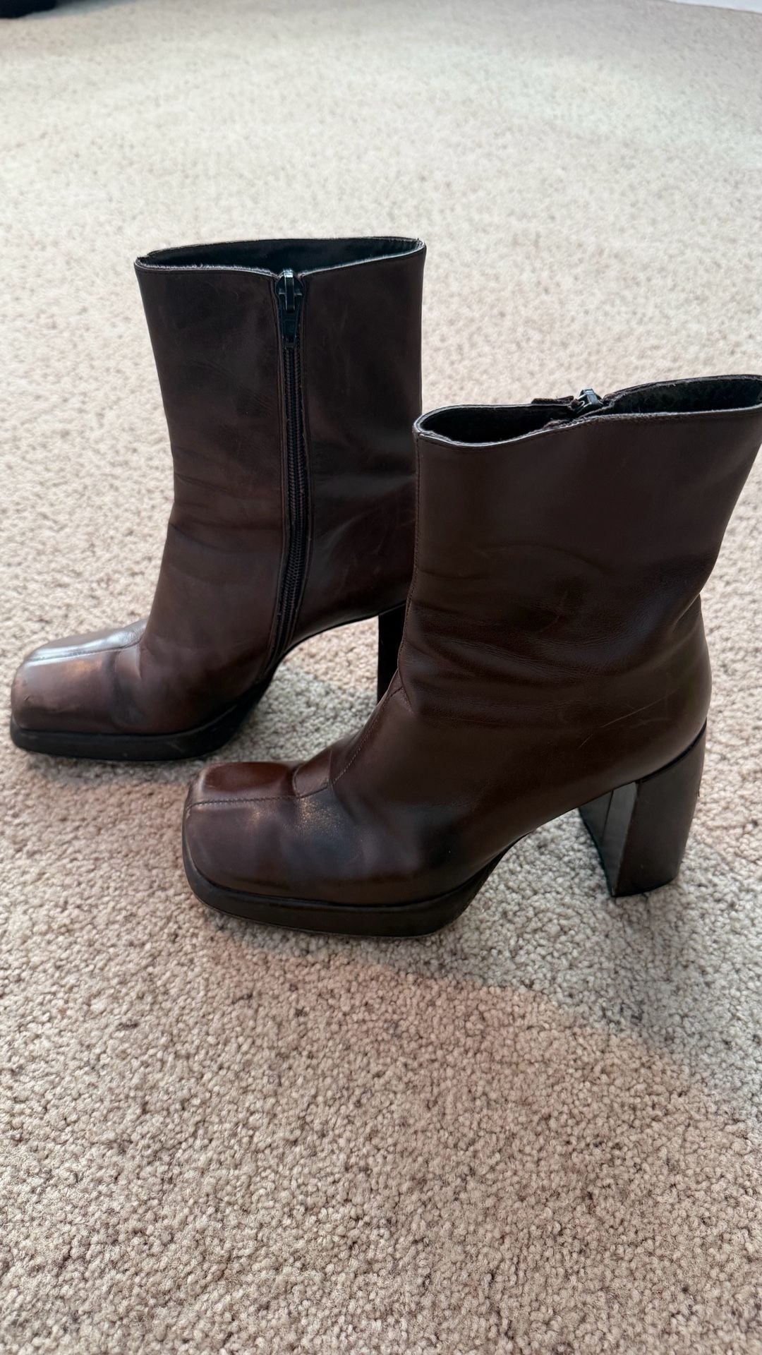 Vintage Square Toe Platform Ankle Boots in Chocolate Brown Leather 4