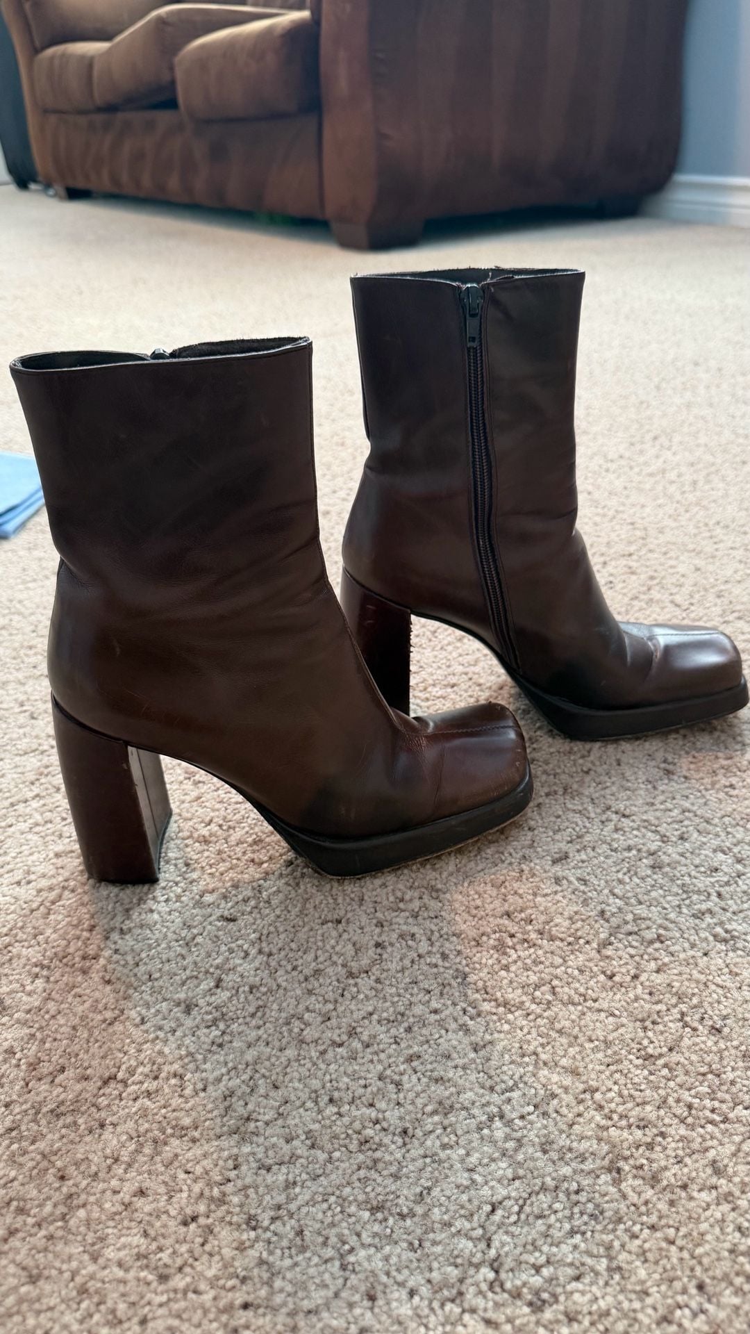 Vintage Square Toe Platform Ankle Boots in Chocolate Brown Leather 6