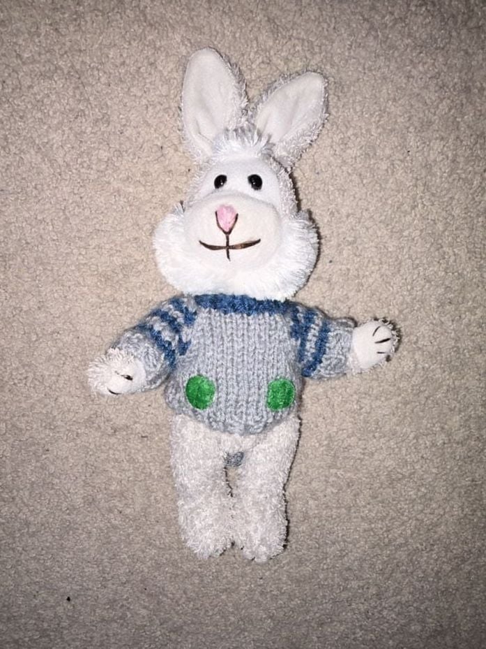 Vintage Chrisha Playful Plush Easter Bunny Rabbit Wearing Gray and Blue Sweater 1