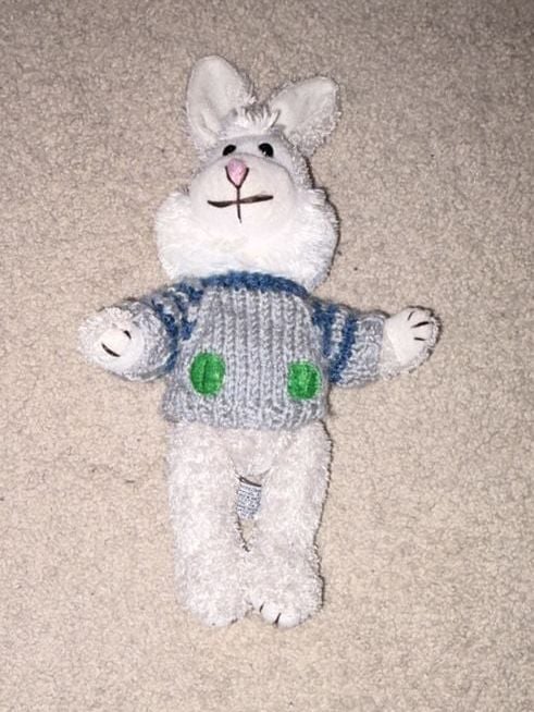 Vintage Chrisha Playful Plush Easter Bunny Rabbit Wearing Gray and Blue Sweater 2