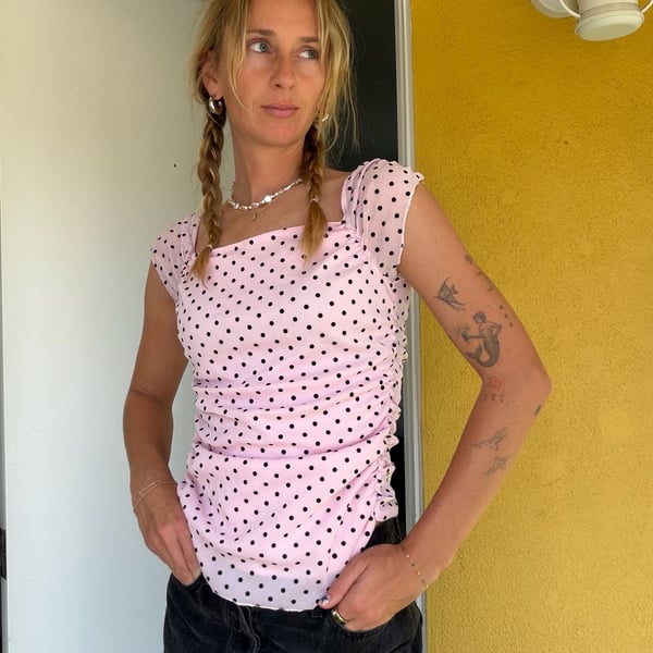Rio Vintage Pink and Black Polka Dot Ruched Square Neck Top