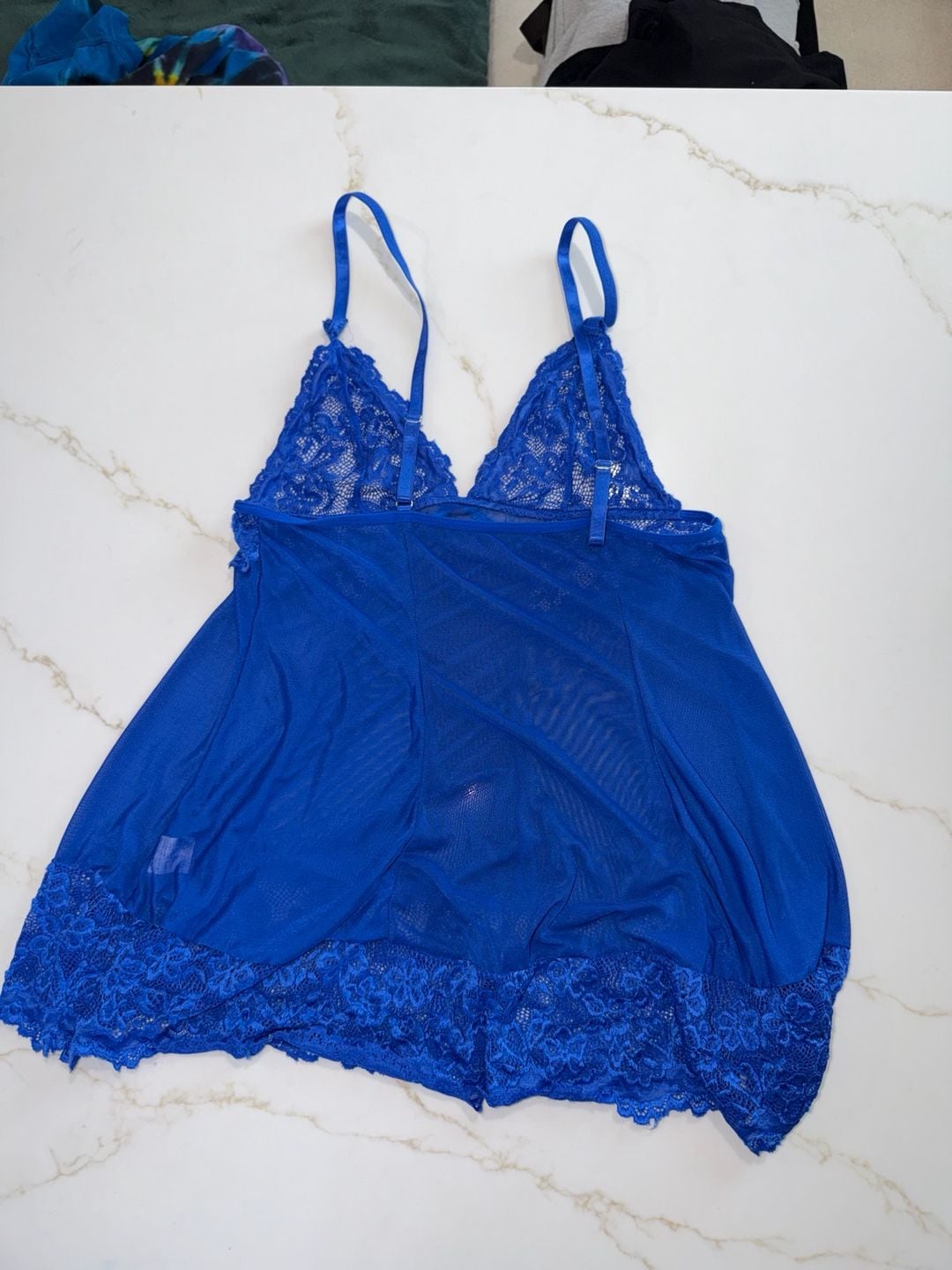 Women's Royal Blue Lace Trim Mesh V-Neck Babydoll Chemise Sleepwear 7