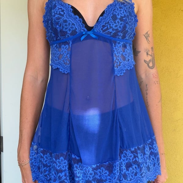 Women's Royal Blue Lace Trim Mesh V-Neck Babydoll Chemise Sleepwear