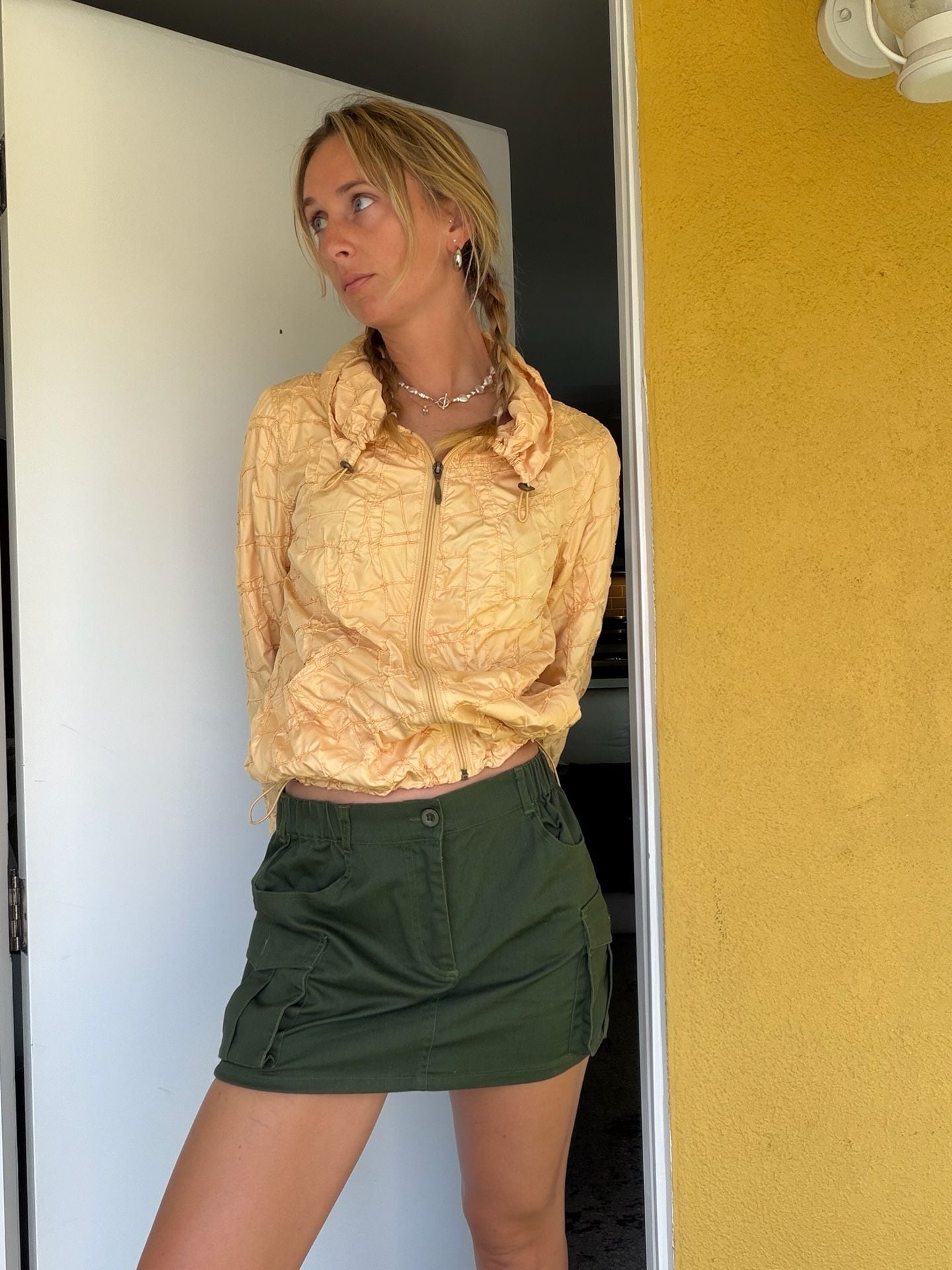 Women's Utility Cargo Mini Skirt in Olive Green with Side Pockets 8