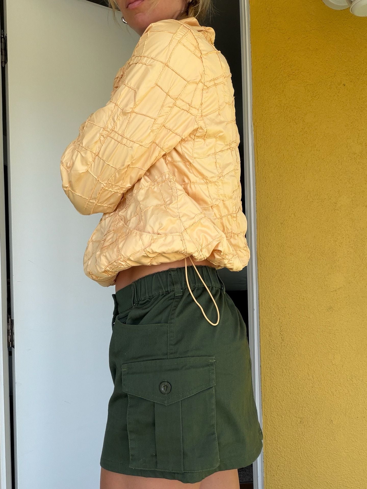 Women's Utility Cargo Mini Skirt in Olive Green with Side Pockets 10