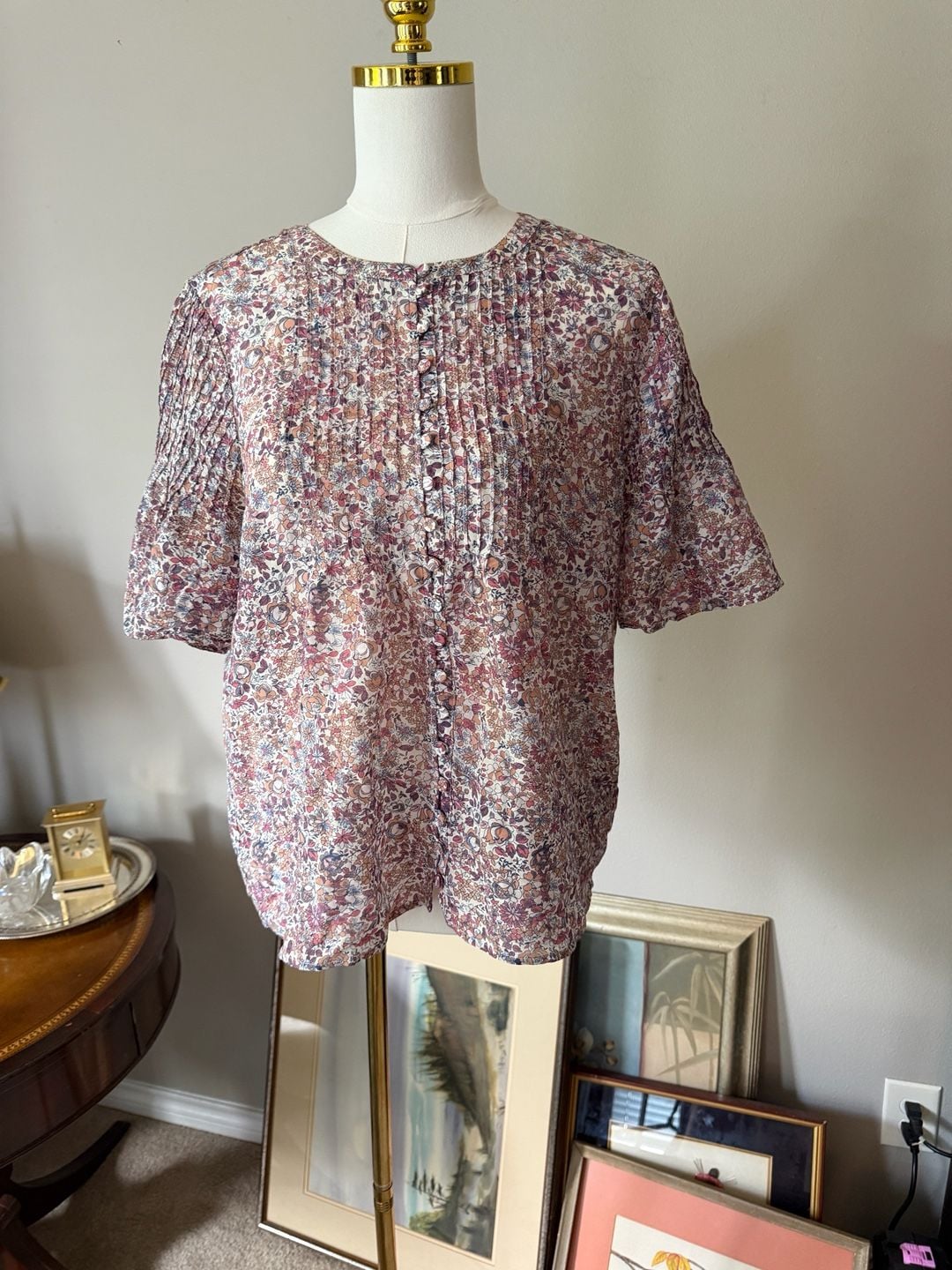 J.Crew Women’s M Cotton Silk Floral Pintuck Blouse Button Front Natural Fiber 4