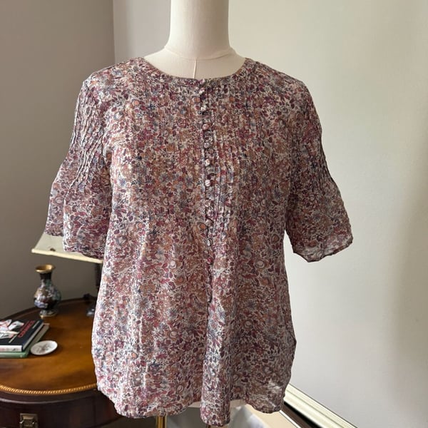 J.Crew Women’s M Cotton Silk Floral Pintuck Blouse Button Front Natural Fiber