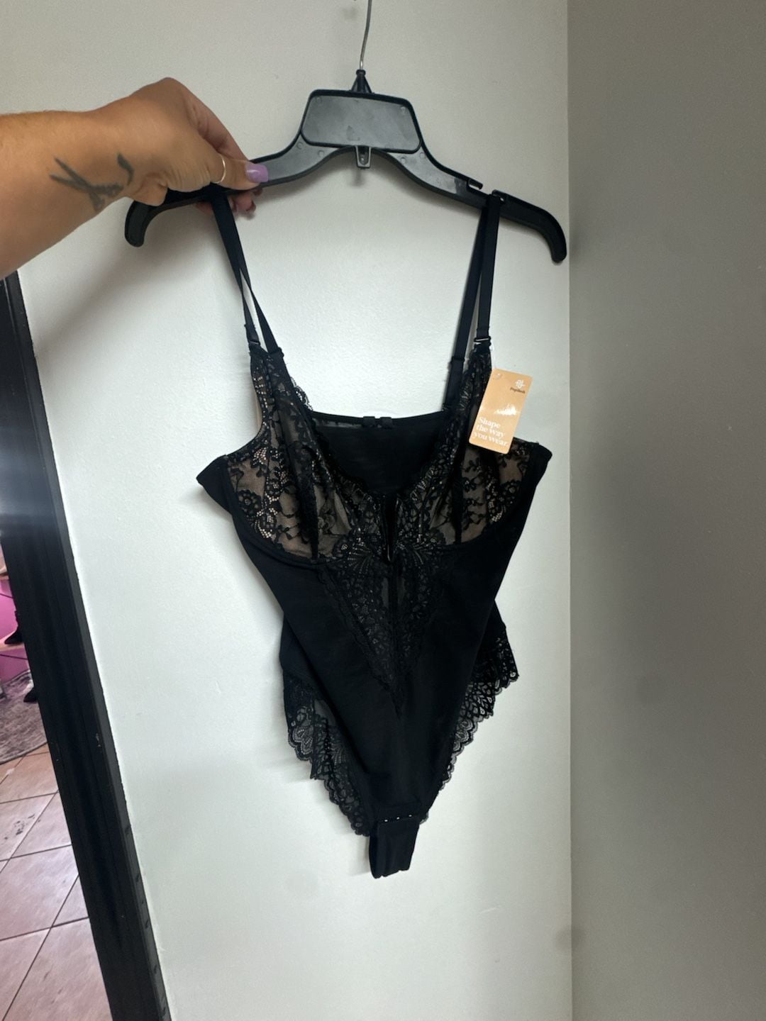 Popilush Deep-V Neck Lace Tummy Control Shapewear Thong Bodysuit 1