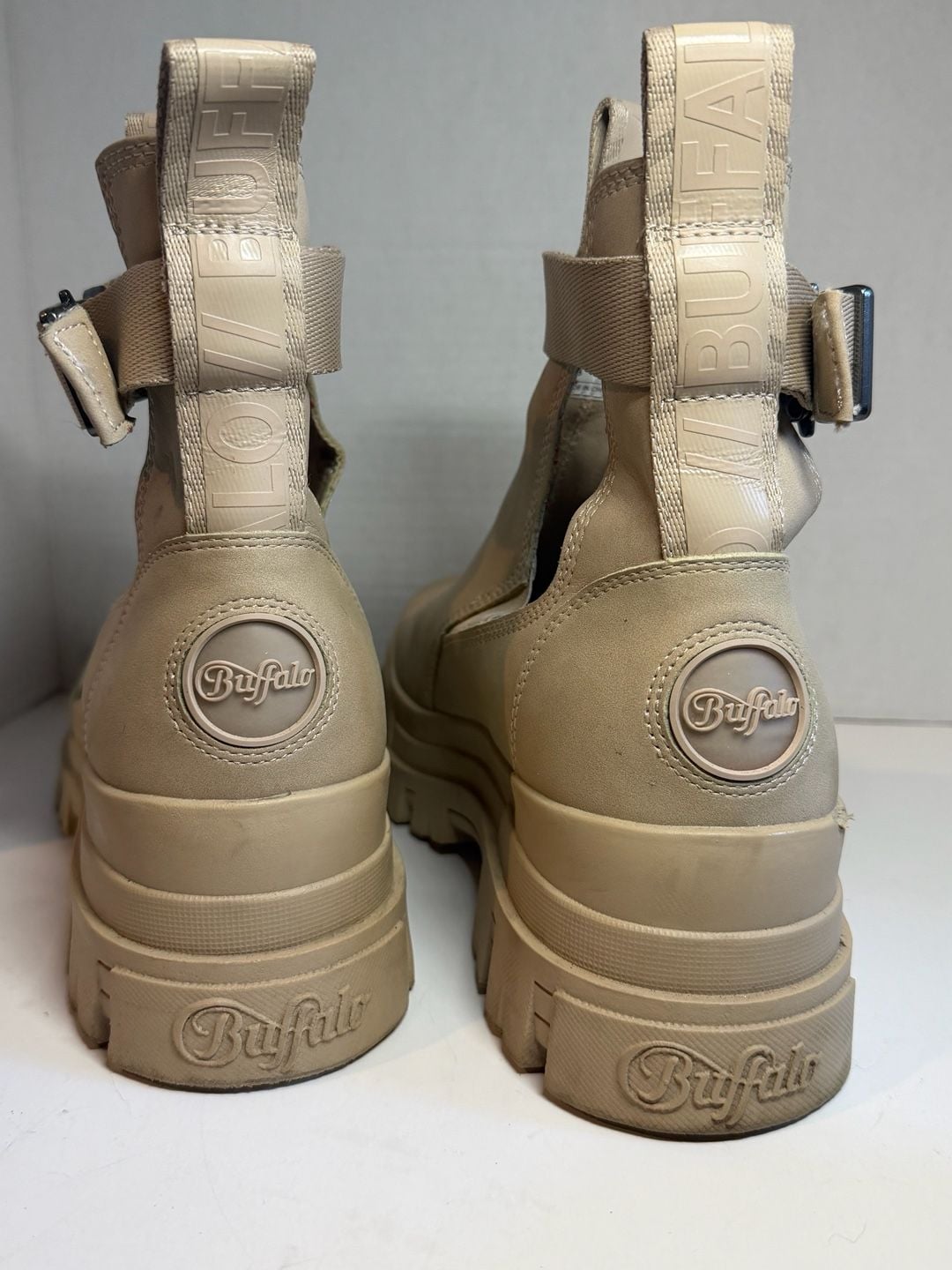 Buffalo Aspha Com1 Chunky Platform Ankle Boots in Beige with Buckle Strap 2