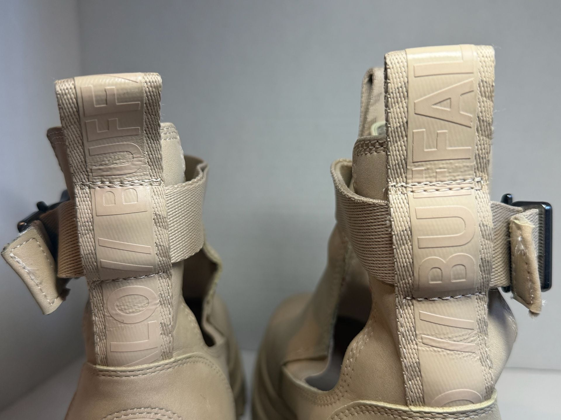 Buffalo Aspha Com1 Chunky Platform Ankle Boots in Beige with Buckle Strap 3