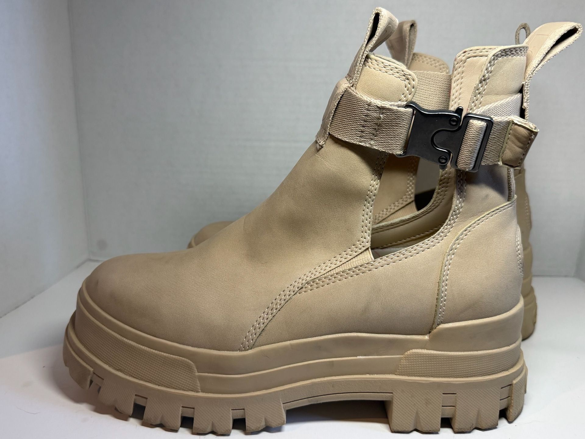 Buffalo Aspha Com1 Chunky Platform Ankle Boots in Beige with Buckle Strap 4