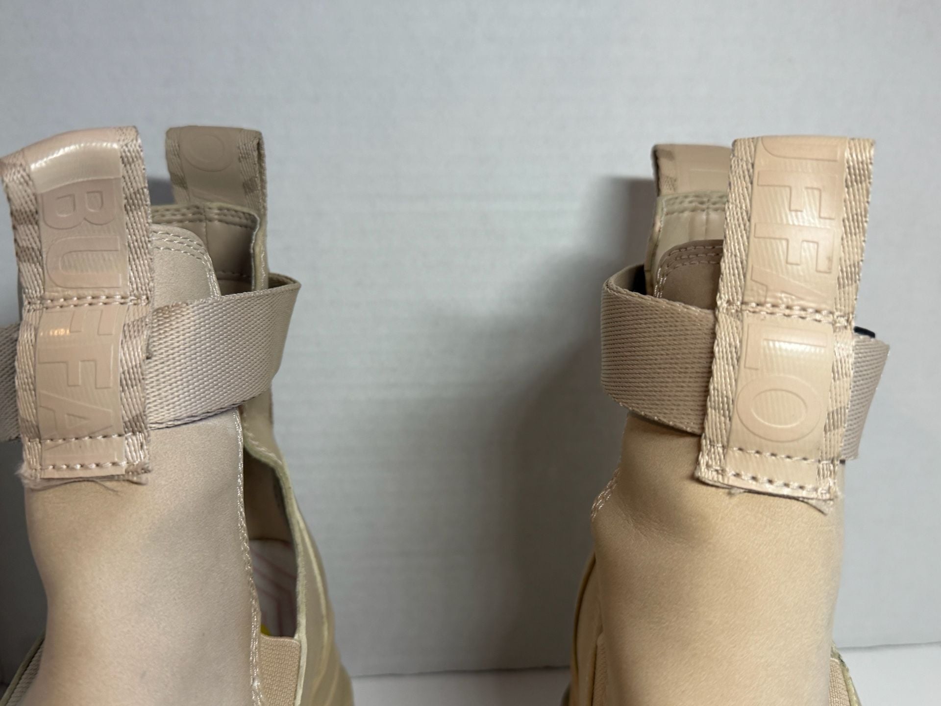 Buffalo Aspha Com1 Chunky Platform Ankle Boots in Beige with Buckle Strap 7