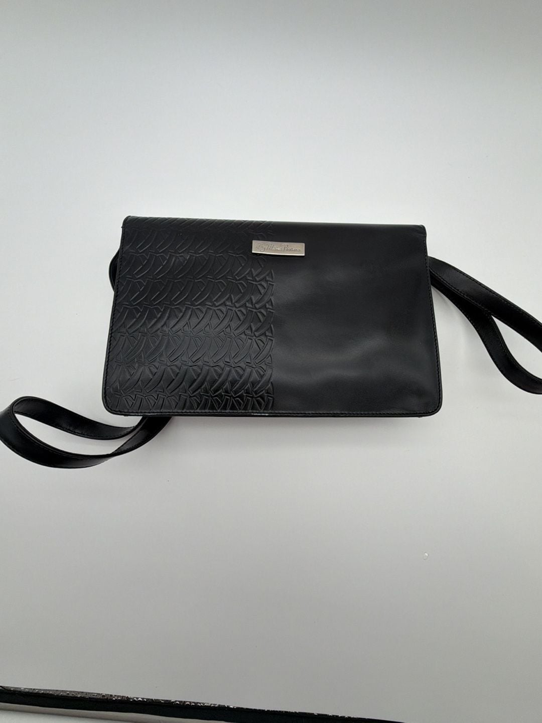 By Paloma Picasso Vintage Black Leather Crossbody Bag with Embossed Pattern 8