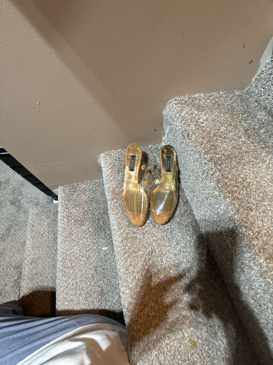 J. Renee Vintage Clear Vinyl and Cork Wedge Slide Sandals with Gold Stud Detail 4
