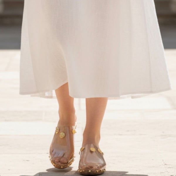 J. Renee Vintage Clear Vinyl and Cork Wedge Slide Sandals with Gold Stud Detail