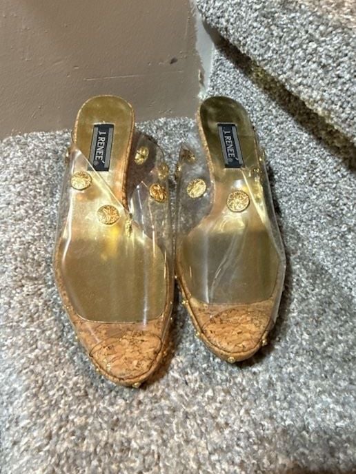 J. Renee Vintage Clear Vinyl and Cork Wedge Slide Sandals with Gold Stud Detail 3