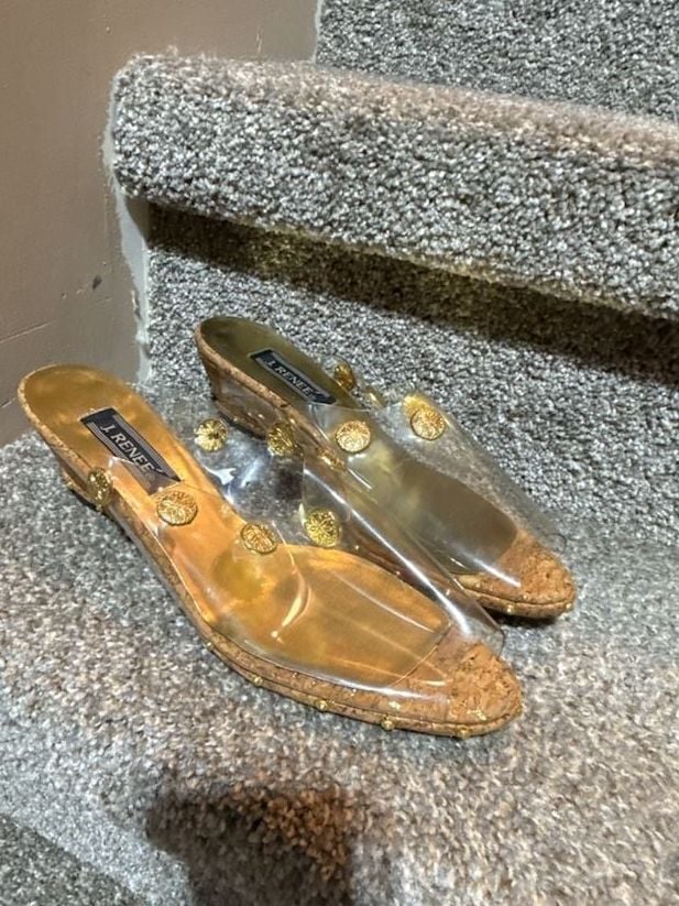 J. Renee Vintage Clear Vinyl and Cork Wedge Slide Sandals with Gold Stud Detail 5