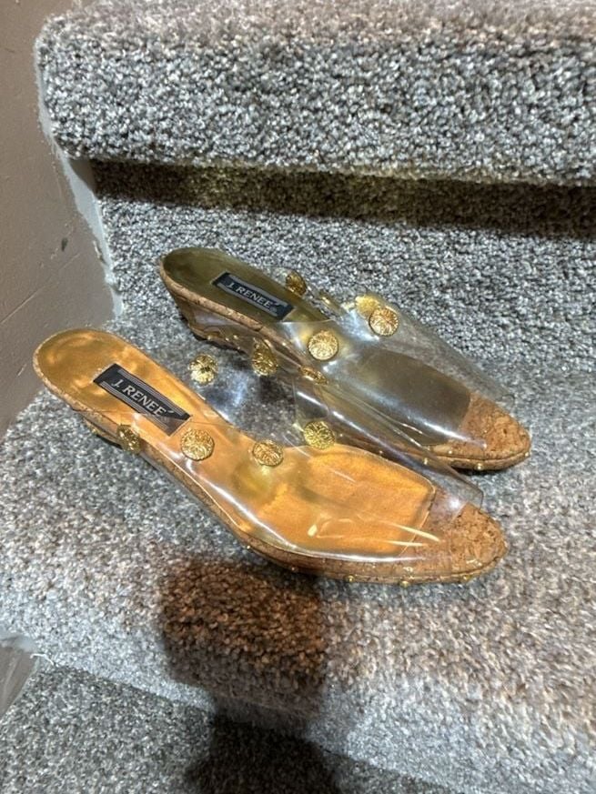 J. Renee Vintage Clear Vinyl and Cork Wedge Slide Sandals with Gold Stud Detail 6
