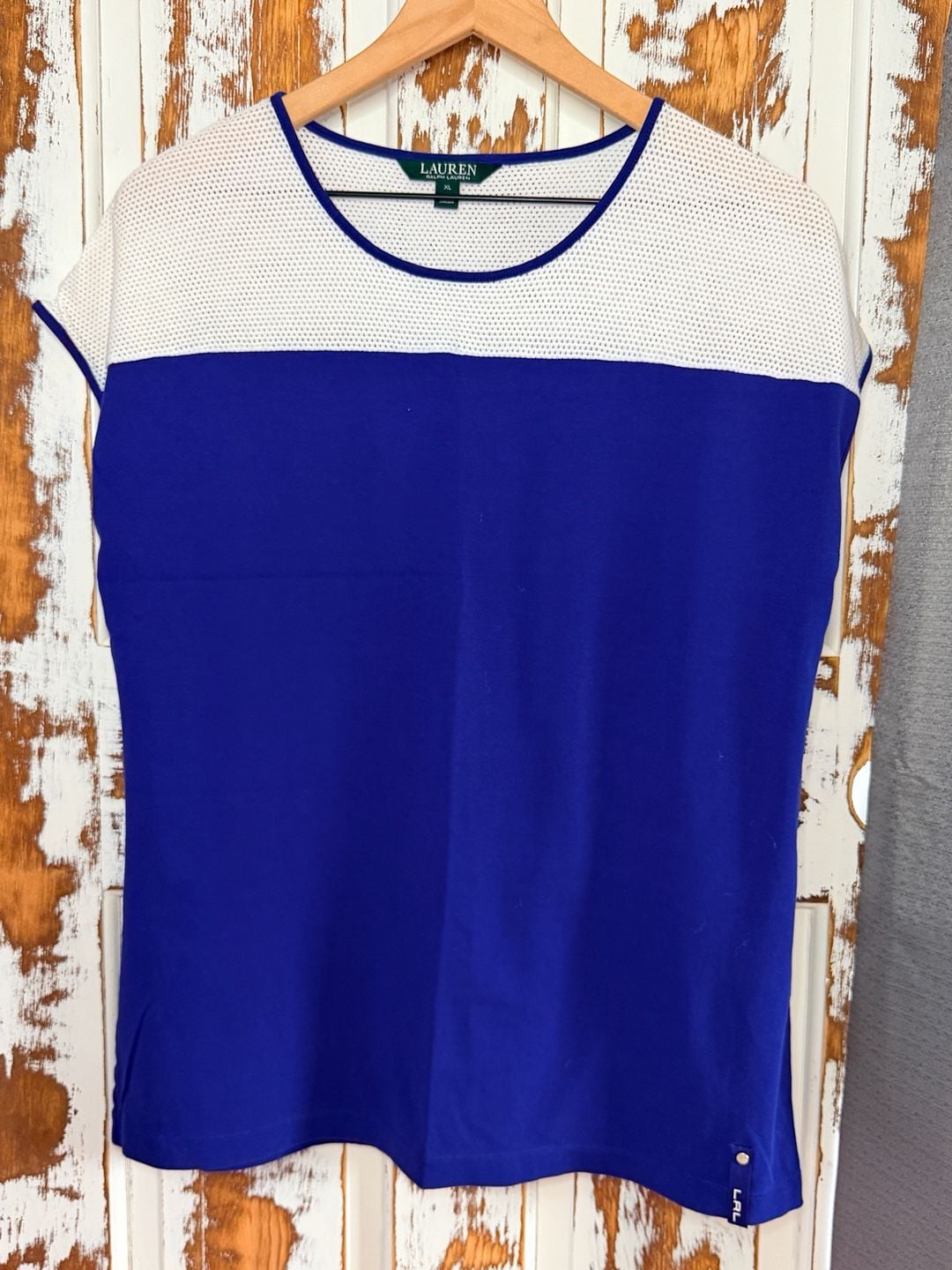 Ralph Lauren Women’s Cap Sleeve Mesh Yoke Top XL Blue White Colorblock Preppy 2