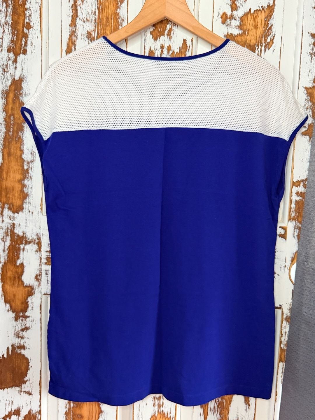 Ralph Lauren Women’s Cap Sleeve Mesh Yoke Top XL Blue White Colorblock Preppy 3