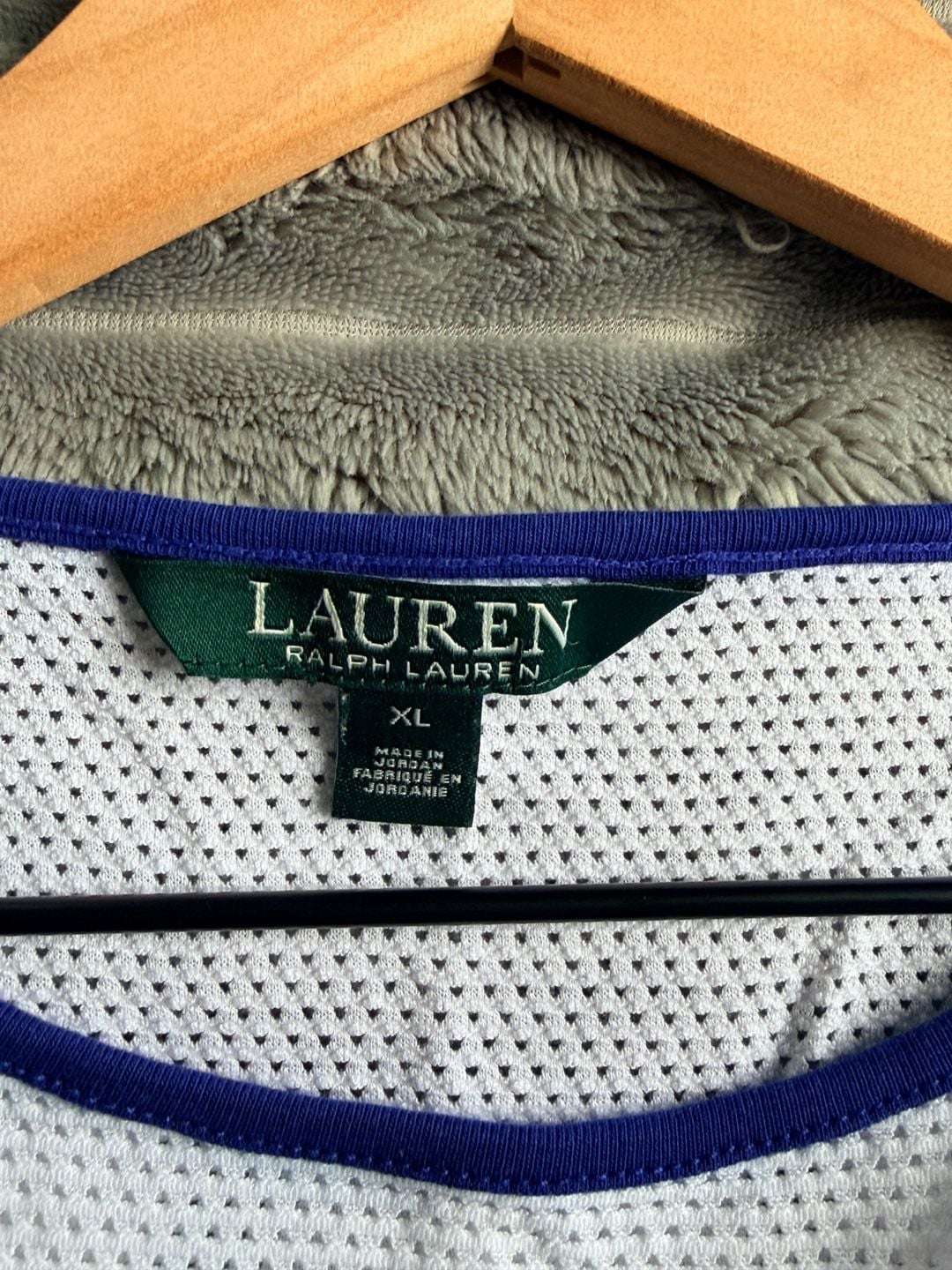 Ralph Lauren Women’s Cap Sleeve Mesh Yoke Top XL Blue White Colorblock Preppy 4