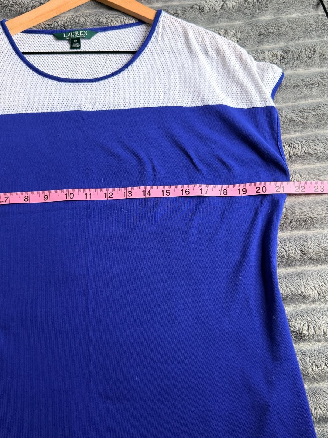 Ralph Lauren Women’s Cap Sleeve Mesh Yoke Top XL Blue White Colorblock Preppy 6