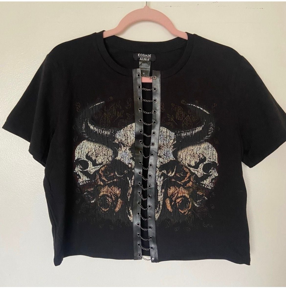 Cosmic Aura Skull & Rose Chains Lace-Up Crop T-Shirt 2