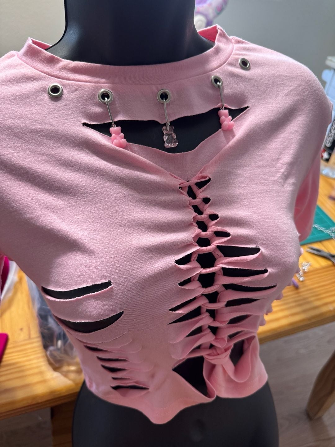 Customized Pink Distressed Grunge Style Cut-Out Crop Top with Gummy Bear Charms 1