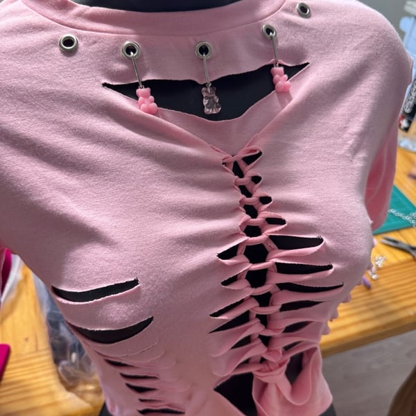 Customized Pink Distressed Grunge Style Cut-Out Crop Top with Gummy Bear Charms