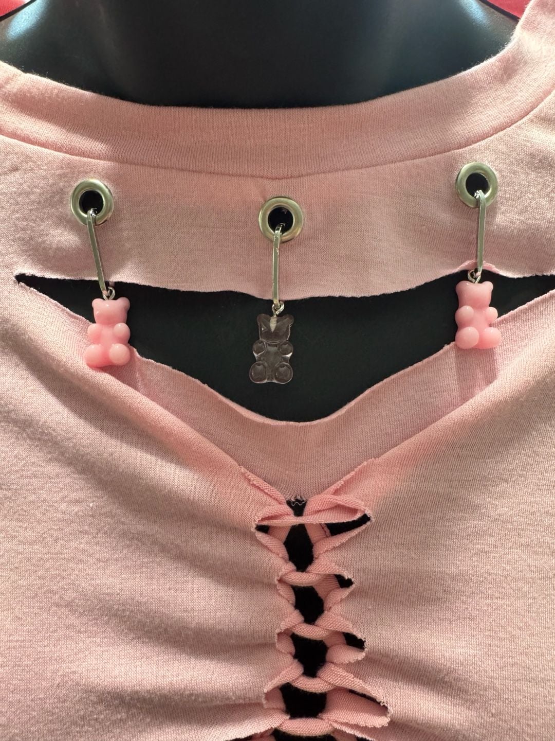Customized Pink Distressed Grunge Style Cut-Out Crop Top with Gummy Bear Charms 2
