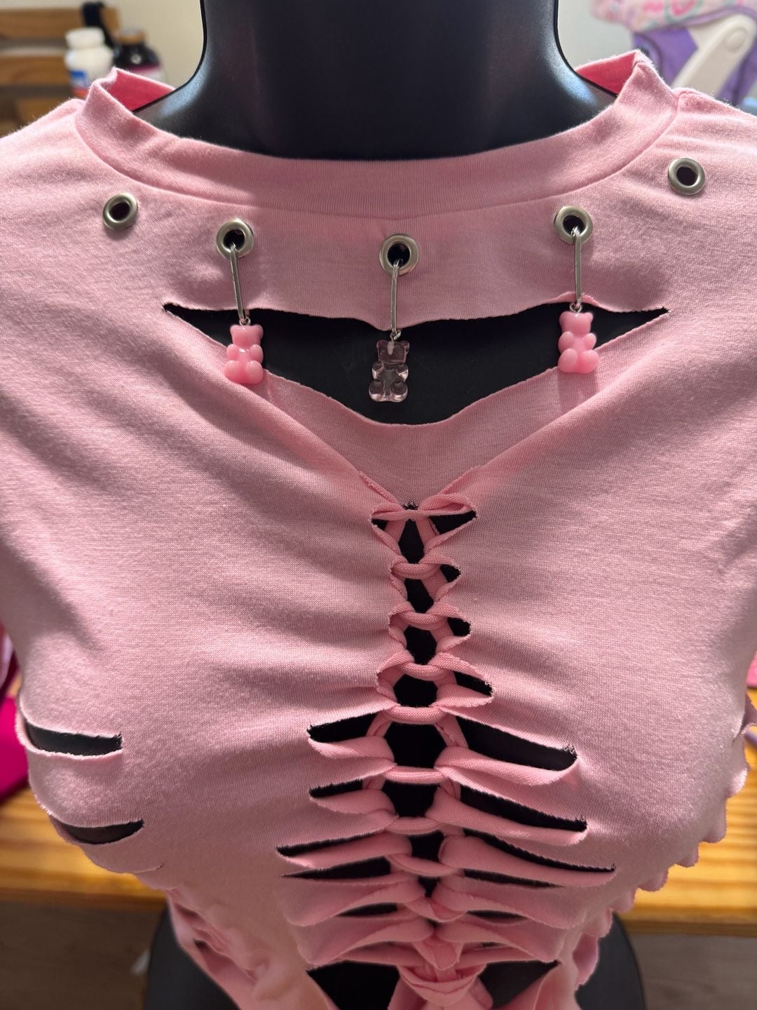 Customized Pink Distressed Grunge Style Cut-Out Crop Top with Gummy Bear Charms 3