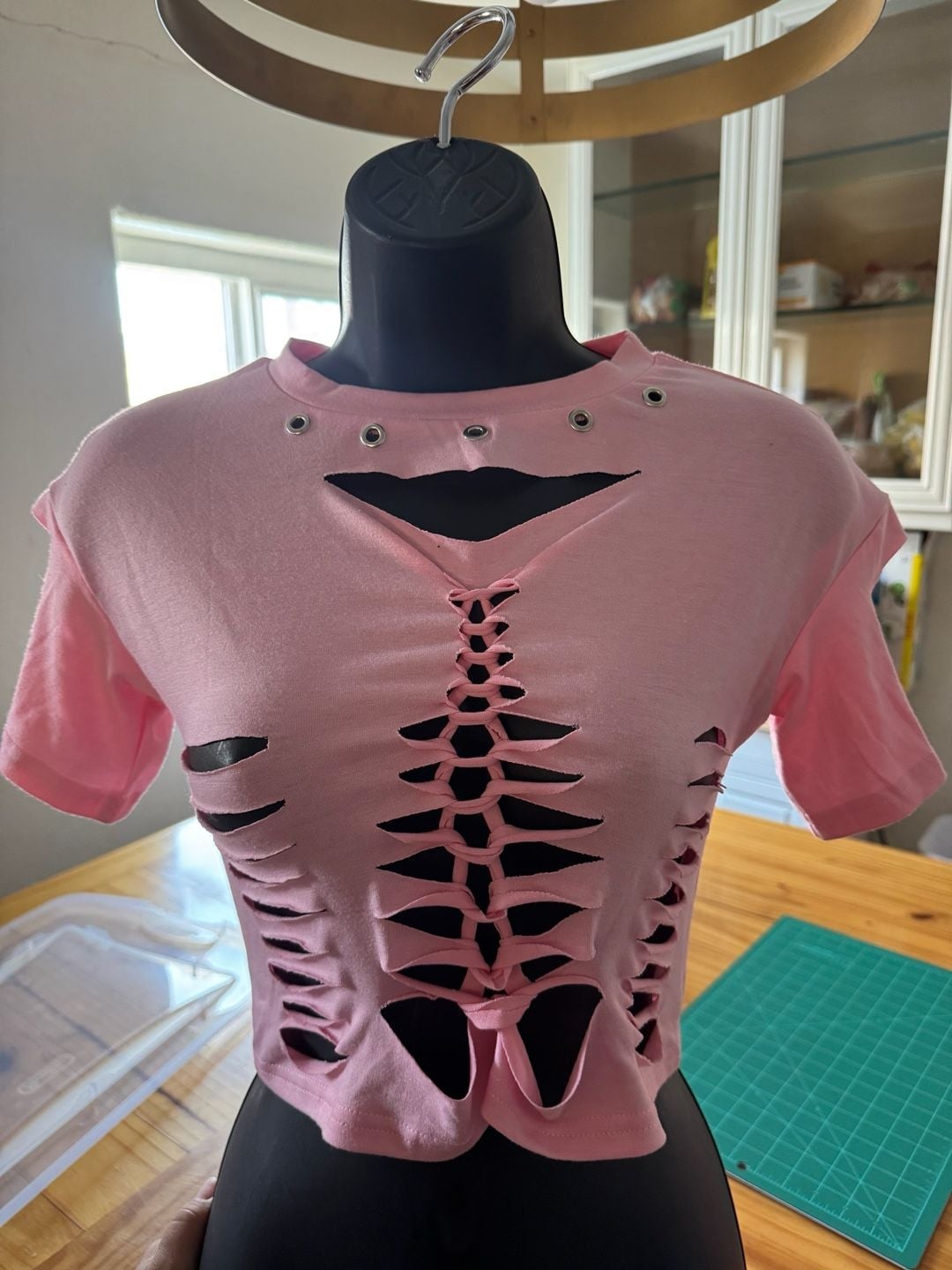 Customized Pink Distressed Grunge Style Cut-Out Crop Top with Gummy Bear Charms 5