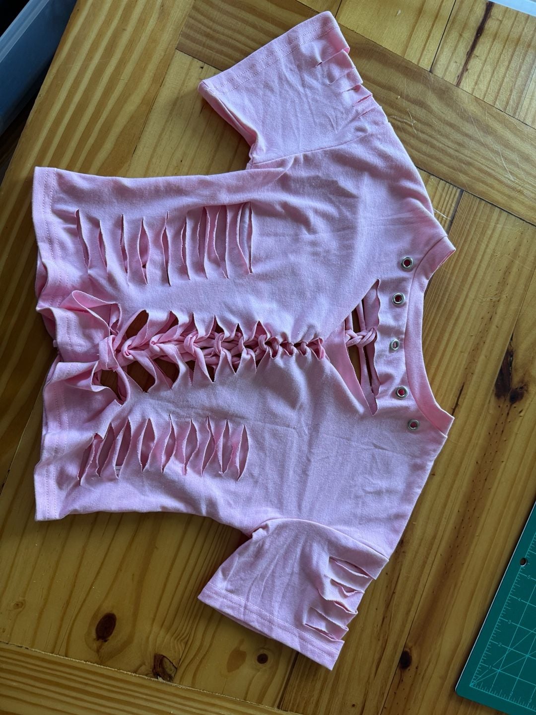 Customized Pink Distressed Grunge Style Cut-Out Crop Top with Gummy Bear Charms 7