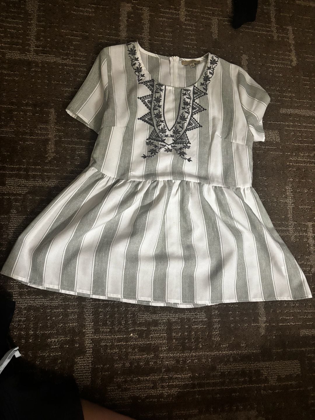 Polagram White and Gray Striped Embroidered Peplum Blouse 2