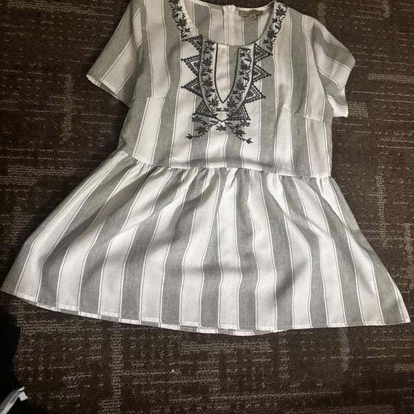 Polagram White and Gray Striped Embroidered Peplum Blouse