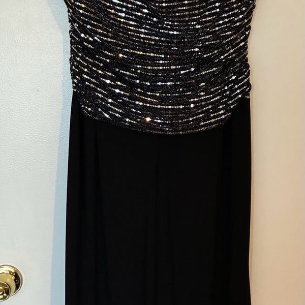 R&M Richards Women's Sleeveless Sequin Bodice Cowl Neck Wide Leg Jumpsuit