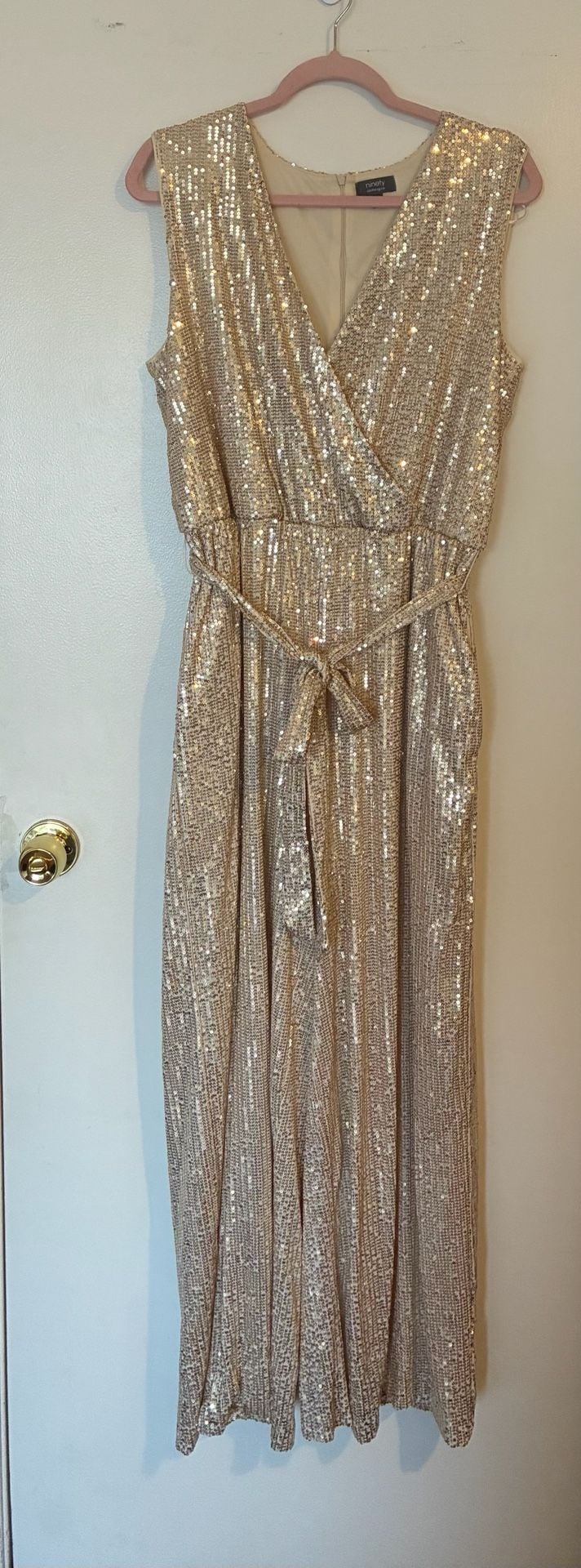 ninety clothing co sleeveless sequin v-neck jumpsuit with waist tie 2