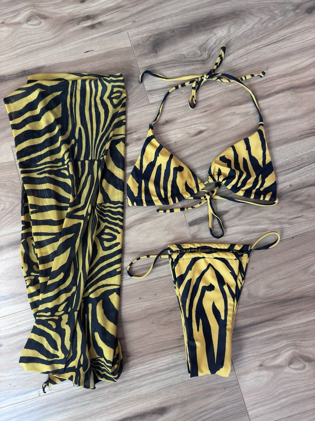 Matte Collection Zebra Print Bikini Set with Matching Sarong Cover-Up 1