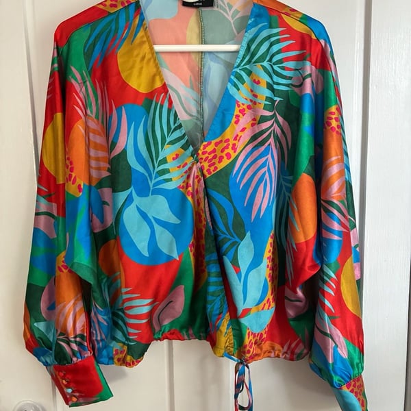 VICI Women's Multi-Color Tropical Leaf Print V-Neck Long Sleeve Blouse