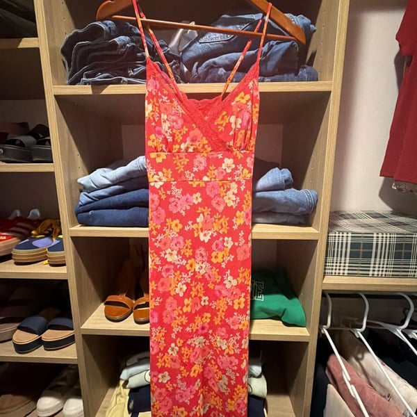 Express Vintage Y2K Floral Midi Slip Dress with Lace Trim