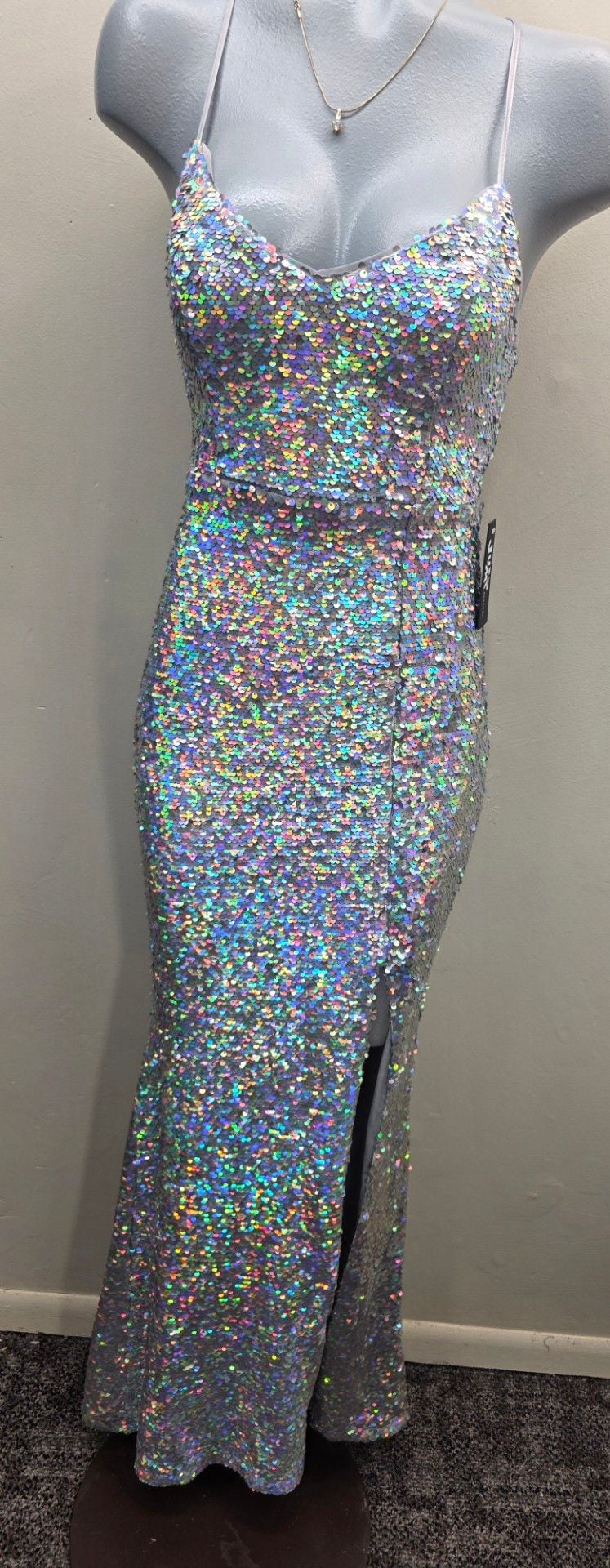 Jump Apparel Silver Iridescent Sequin Lace-Up Back Mermaid Prom Dress NWT 2