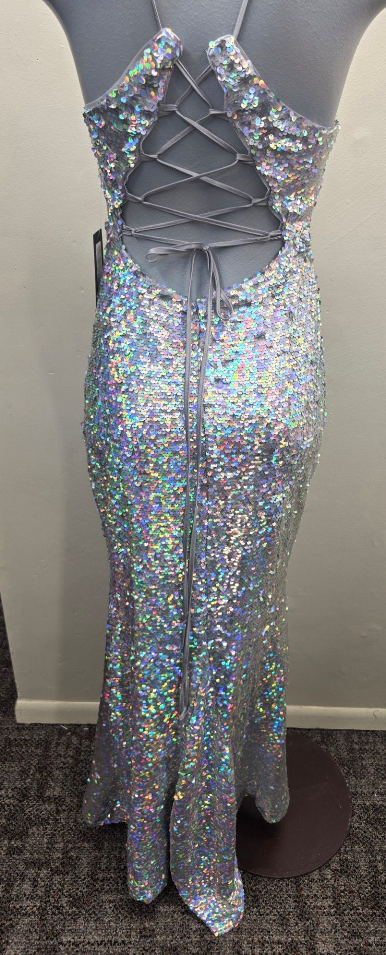 Jump Apparel Silver Iridescent Sequin Lace-Up Back Mermaid Prom Dress NWT 3
