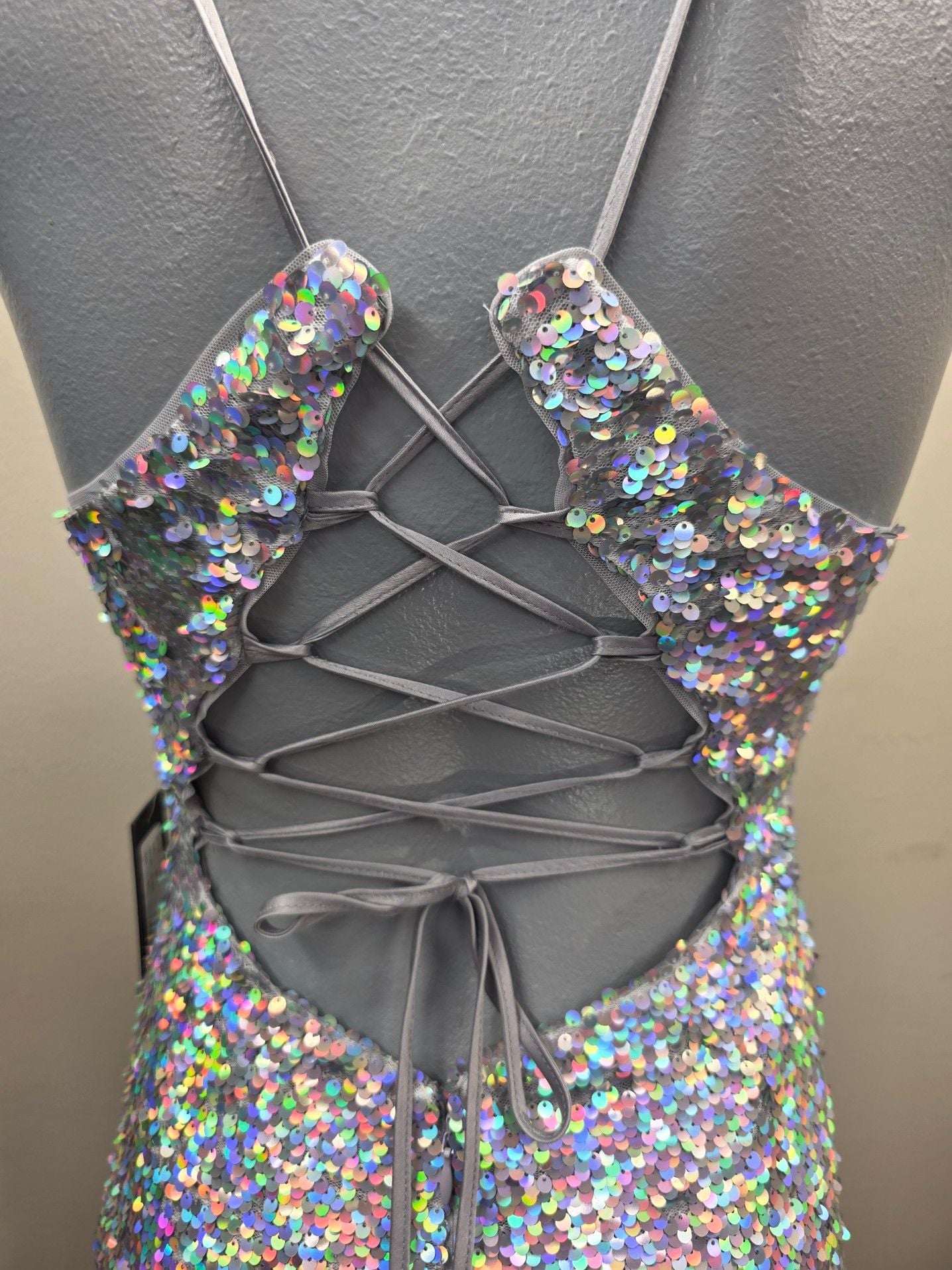 Jump Apparel Silver Iridescent Sequin Lace-Up Back Mermaid Prom Dress NWT 13