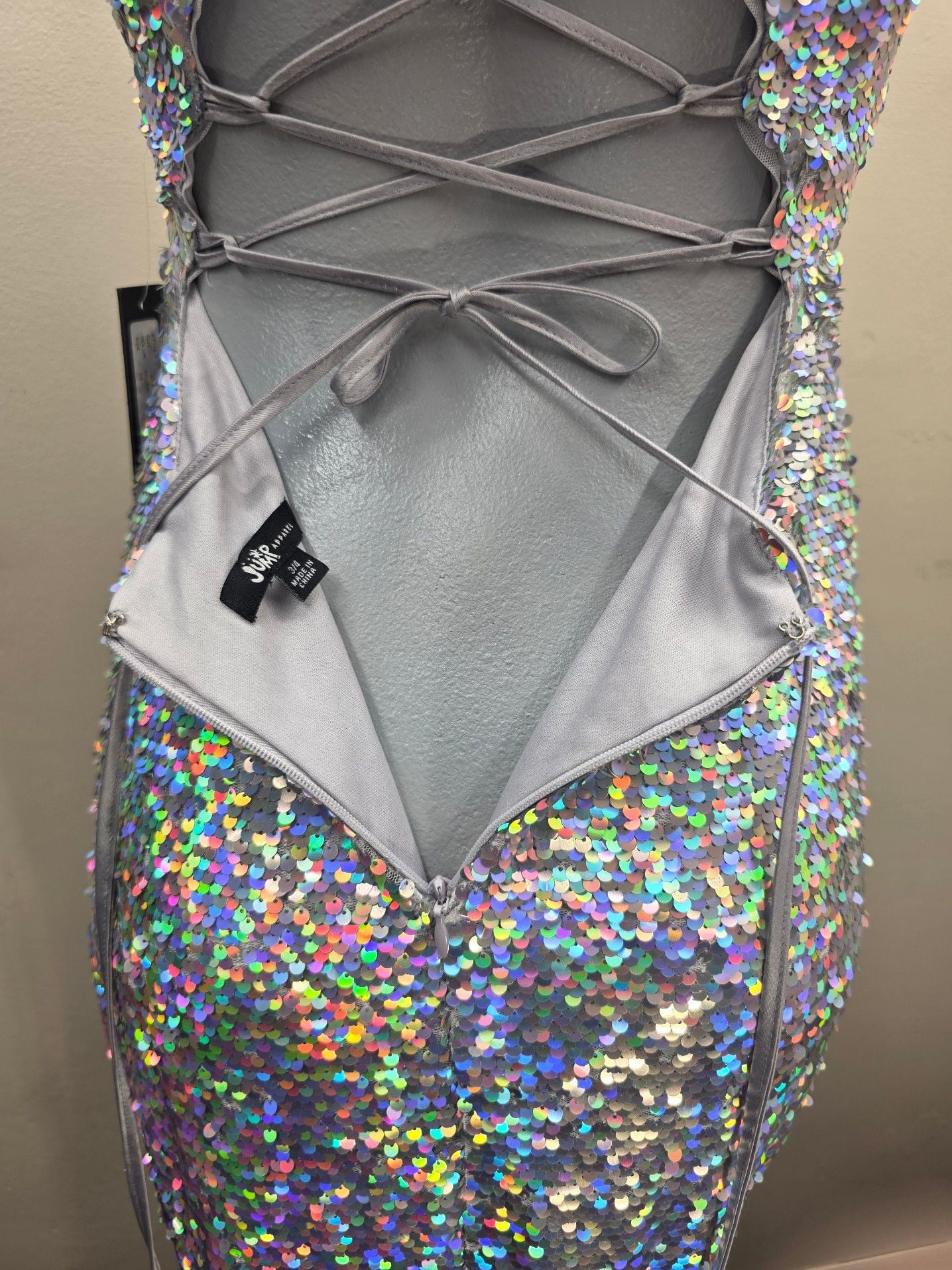 Jump Apparel Silver Iridescent Sequin Lace-Up Back Mermaid Prom Dress NWT 17