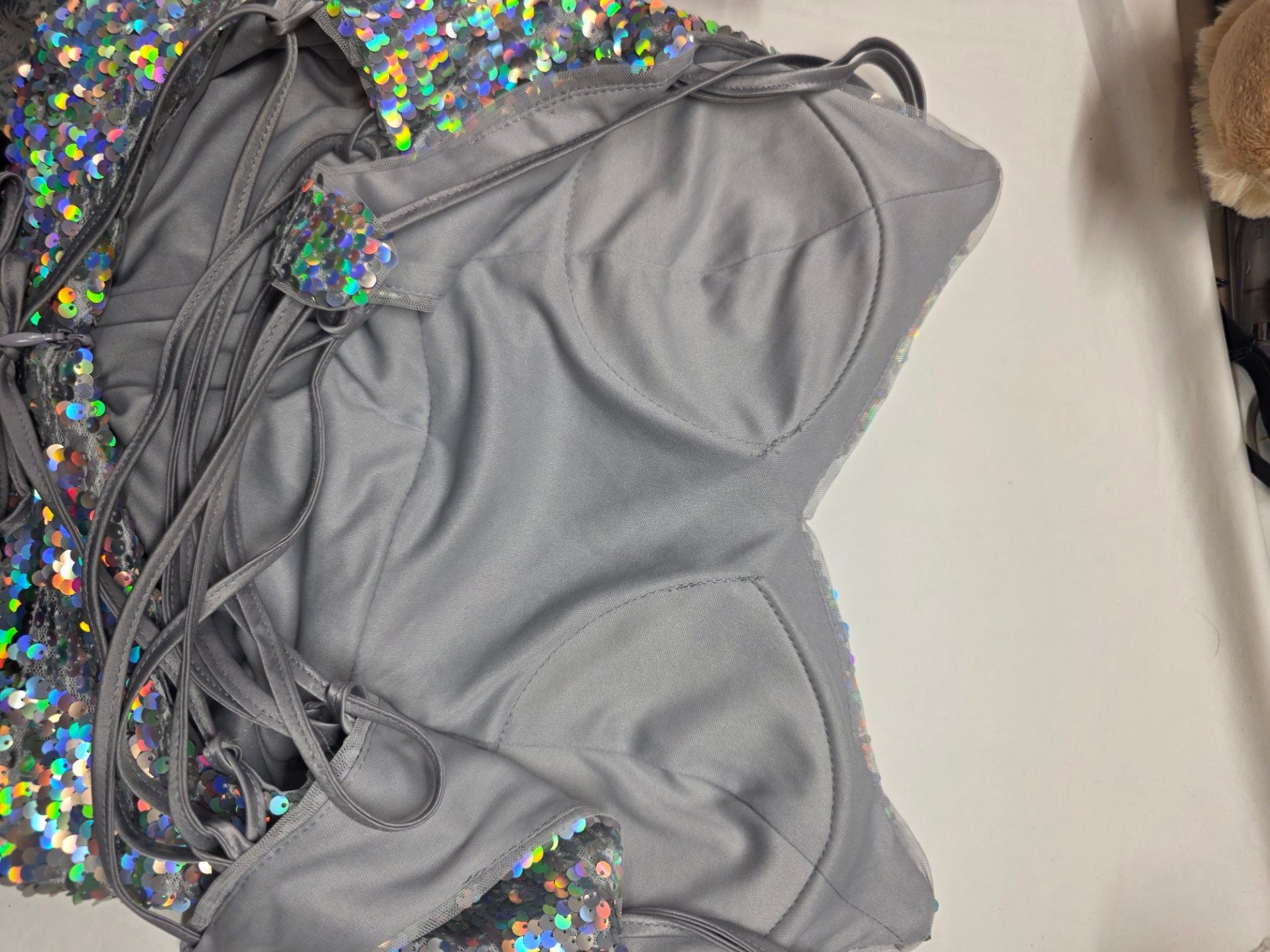Jump Apparel Silver Iridescent Sequin Lace-Up Back Mermaid Prom Dress NWT 18