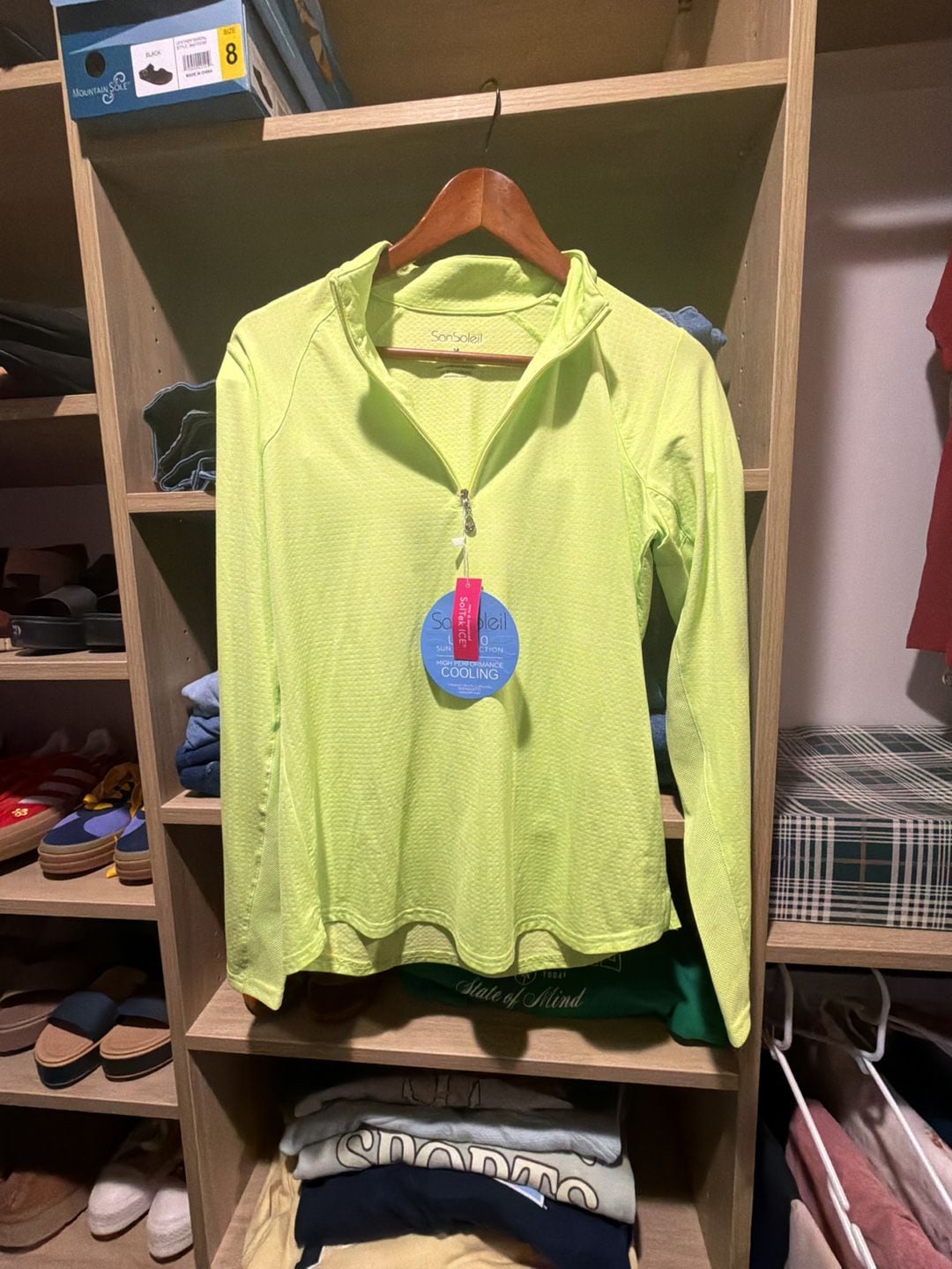 SanSoleil Women M Medium 1/4 Zip Solid Mock Top Lime UV 50 Golf Tennis Mesh Tops 2
